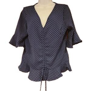 Blue Rain Navy And White Polka Dot Adjustable‎ Ruffle Blouse Sz S